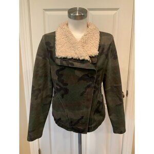 Marrakech Green Camo Moto Zip-Up Jacket W/ Shearling Collar, Size M